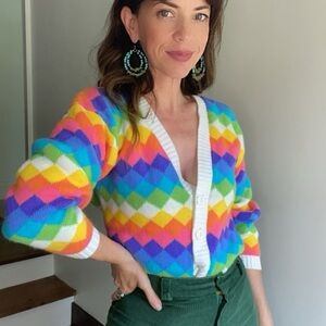 Vintage 70s rainbow argyle cardigan